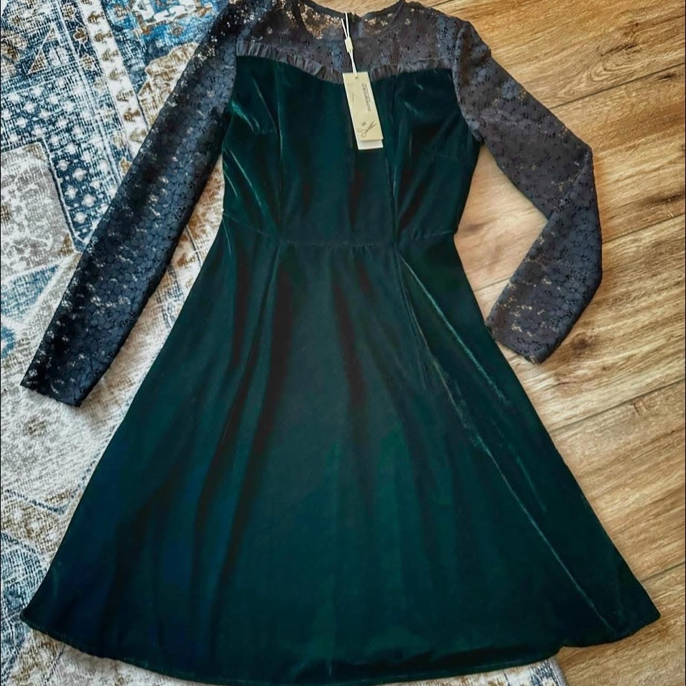 Brand New Women’s Green Velvet Velour Party Dress with Floral Lacy Sleeves